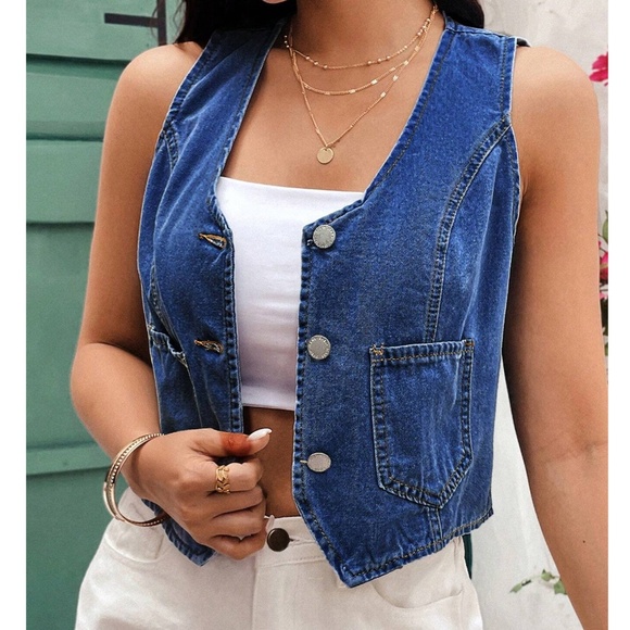 Light Wash Button up Denim Jean Crop Vest - Picture 9 of 12